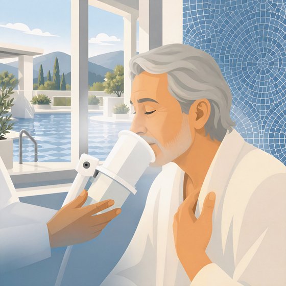 Un curiste en peignoir inhale une eau thermale à la buvette.