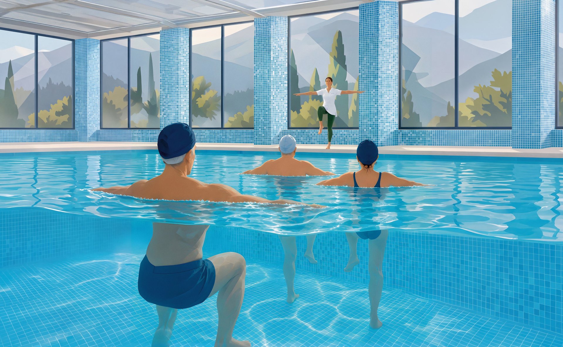 Une animatrice guide une séance d'aquagym dans le bassin d'un établissement thermal.
