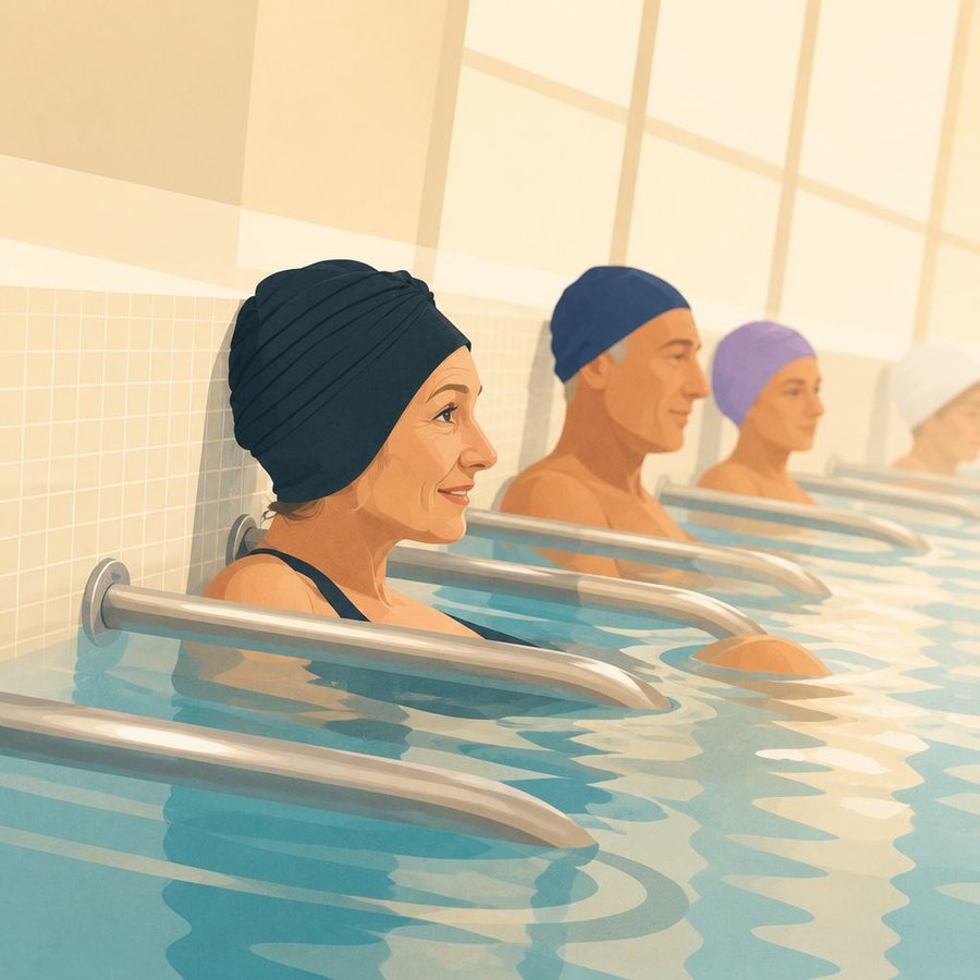 Des curistes en bonnet de bain dans un couloir de nage thermal.