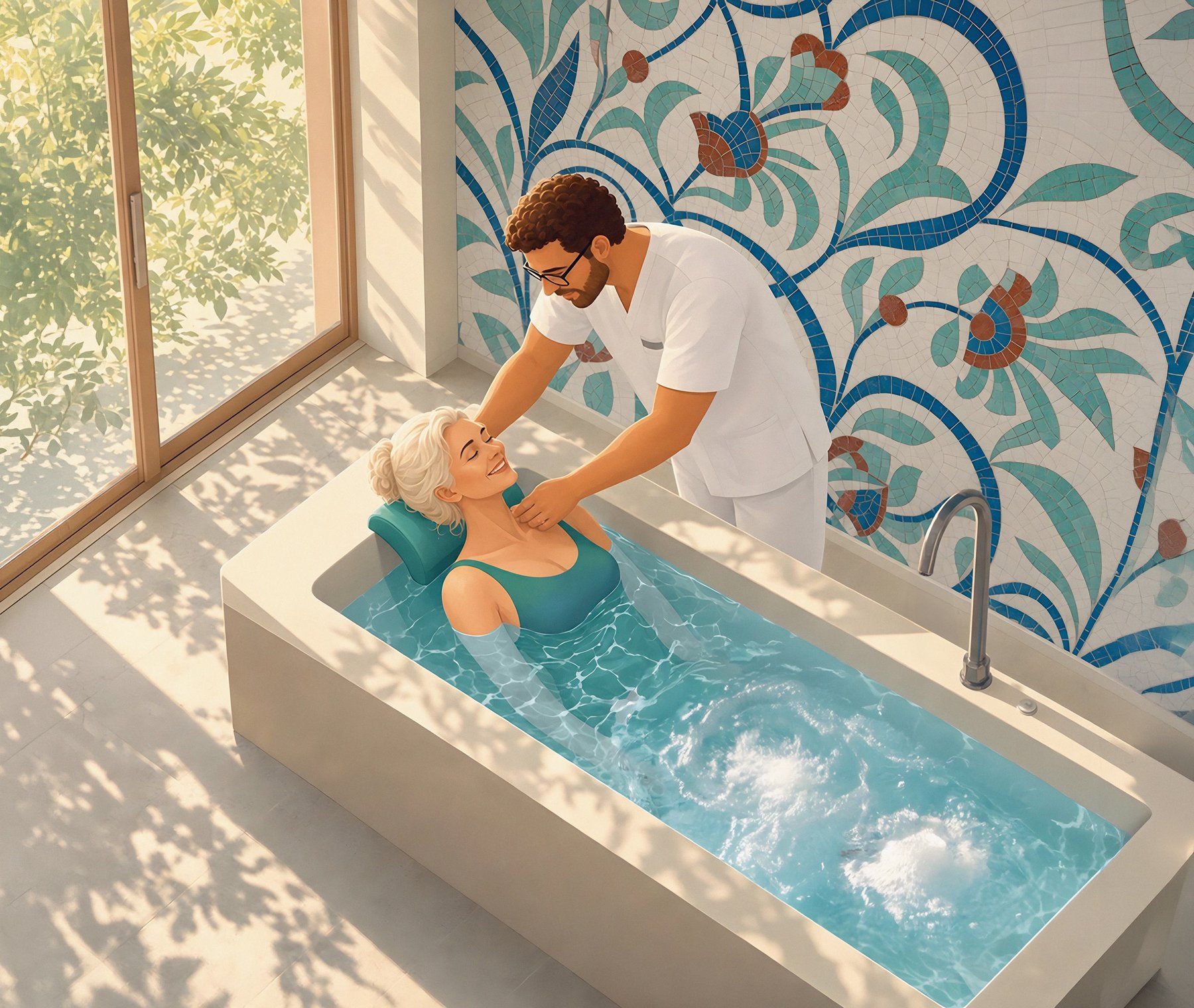 Un soignant accompagne une curiste lors d'un bain thermal individuel.